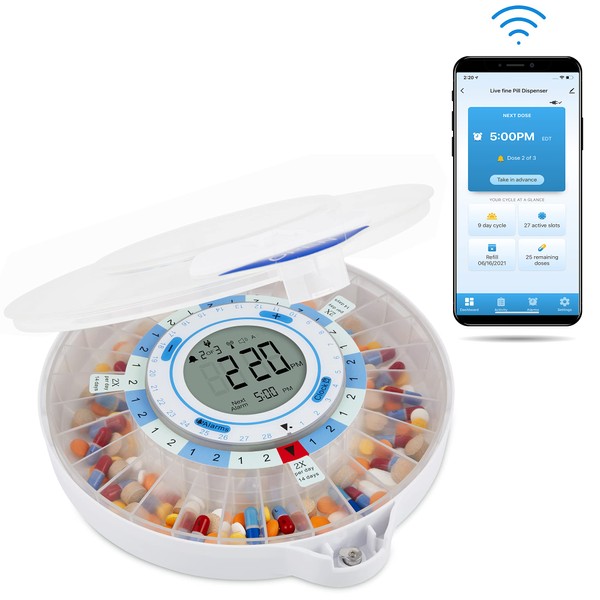 LiveFine Smart WiFi Automatic Pill Dispenser | 28-Day Medication Organizer Up to 9 Doses Per Day for Care Monitoring with Locking Key, Adjustable Light/Sound Alarms for Prescriptions & Vitamins
