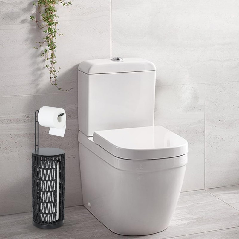 Black Freestanding Toilet Paper Holder with Storage,3 Rolls of Tissue
