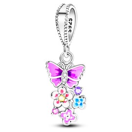NUJIFFY 925 Sterling Silver Charms Beads for Bracelets & Necklaces, Pink Butterfly Charm Flower Birthday Gifts Pendant Jewelry for Women Men