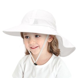 Winzik Toddler Sun Hat, Baby Boys Girls Wide Brim Beach Hats with Neck Flap Kids UPF 50+ Summer Caps (S, Solid White)