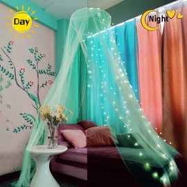 Eimilaly Bed Canopy Mosquito Net with 250pcs Warm White Lights, Bed Canopy for Girls Room Decor or Theme Party, Green/Warm White Lights
