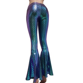 pinda Iridescent Mermaid High Waist Wide Leg Yoga Bell Bottom Pants Leggings (XL, 375Green)