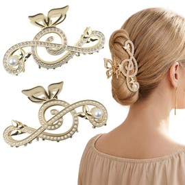 2 Pcs Treble Clef Claw Clip, Gold Music Note Hair Clip with Rhinestone & Pearl, Elegant Metal Treble Clef Hair Clip for Women, Strong Hold Decorative Hair Accessory