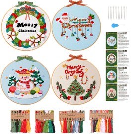 4 Sets Christmas Embroidery Starter Kit with Pattern for Beginners,Merry Christmas Embroidery Kit Ornaments, DIY Cross Stitch Set with 4 Plastic Embroidery Hoops,Color Threads,Tools and Instructions