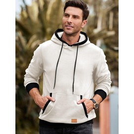 JMIERR Mens Hooded Sweatshirt Cotton Fashion Fleece Long Sleeve Drawstring Fall Shirts with Kangaroo Pocket Athletic Gym Hoodies, L, White