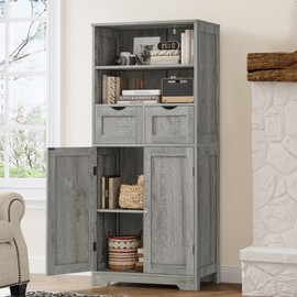 TEENFON 49.6''Tall Storage Cabinet with Adjustable Shelves & Doors, Bathroom Cabinet with 2 Drawers, Cupboard for Living Room, Dining Room, Entryway, Grey