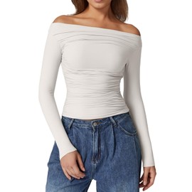 QINSEN Women's Off Shoulder Long Sleeve Double-Layer Tops Ruched Detail Tight Trendy T Shirts Shirts White S