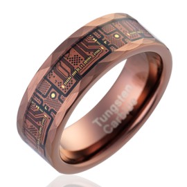 100S JEWELRY Rose Gold Circuit Board Inlay Tungsten Rings For Men Wedding Band Hammered Edge Polished Finish Size 6-16 (Tungsten, 11)