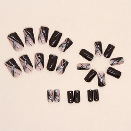 Press on Nails Medium Square Fake Nails Acrylic Nails Press ons Glossy Glue on Nails Fall False Nails with Glitter Line Designs Red Brown Full Cover Artificial Stick on Nails for Women 24Pcs