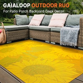 Gaialoop Outdoor Rug for Patio Furniture/Front Porch/Deck/Backyard Decor RV Waterproof Plastic Straw Camping Rugs, Bold Color Sunflower Design, Durable in Full Sun [5 * 8Ft]