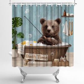 LeAquaNook Funny Bear Shower Curtain Teal Wildlife Animal Bathing in Bathtub Painting Prints Cute Fabric Decor Bathroom Polyester Waterproof 12 Pack Hooks