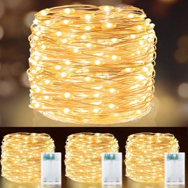 [ 3 Pack & Timer ] Christmas Lights Decorations Total 300LED 99Ft Copper String Fairy Lights Battery Operated Christmas Tree Lights Indoor Outdoor Home Bedroom Xmas Decor, 100LED 33Ft Each(Warm White)