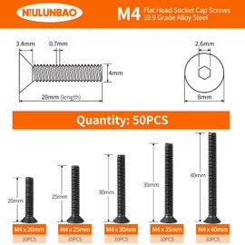 M4 x 20mm 25mm 30mm 35mm 40mm Flat Head Socket Cap Screws Countersunk Bolts, 10.9 Grade Alloy Steel, Black Oxide Finish, Allen Hex Drive, Metric Fully Threaded, Assortment Kit 50PCS