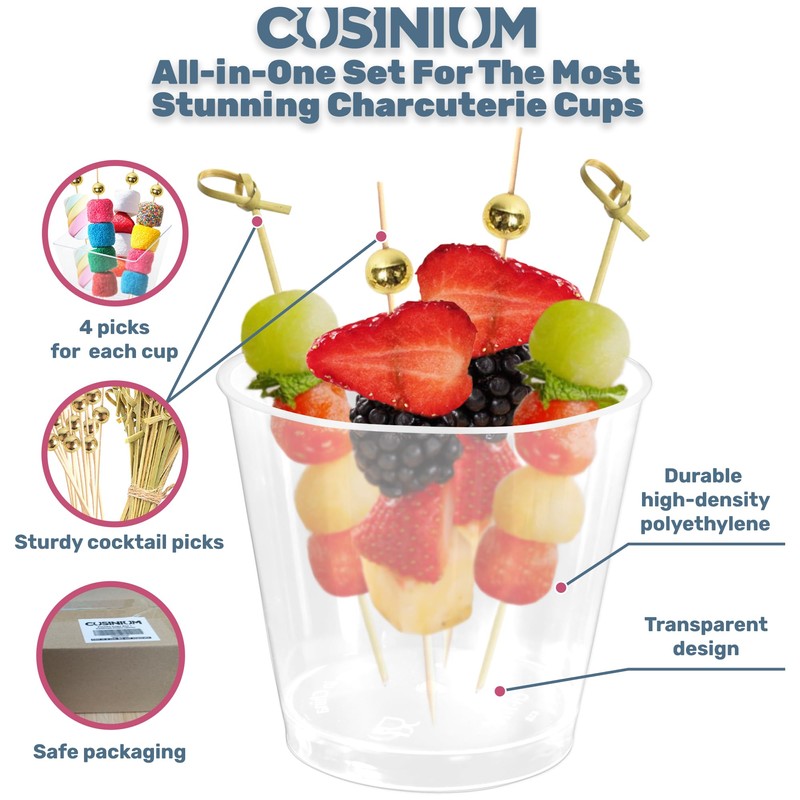 CUSINIUM [50 Cups + 200 Picks] 5.75oz Rounded Plastic Cups