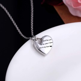 Norya Heart Pendant Cremation Urn Necklace Stainless Steel Keepsake Waterproof Memorial Jewelry (God Has You in His Arms I Have You in My Heart)
