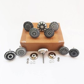 Royal Kraft Vintage Black Painted Ceramic Knobs for Kitchen Cabinets, Doors, Drawers, Wardrobe, Closet, 10 Designs x 2 Pieces, 20 Knobs, Sknob015_20