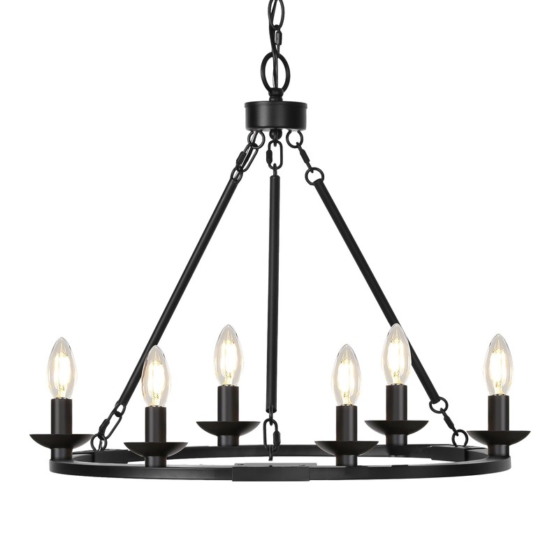 Black Farmhouse Chandelier, 6-Light Wagon Wheel Chandelier with Adjustable Height,