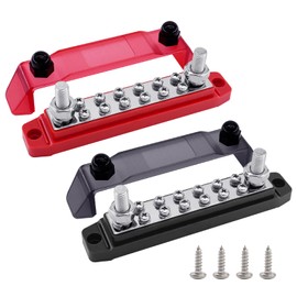 Ampper Power & Ground Distribution Block Bus Bar, 2 x 3/8" (M10) Studs, 12 x #8 (M4) Terminal Screws, 6.3" 12V 300A Battery BusBar with Cover for Auto, Boat and Solar (Red & Black)
