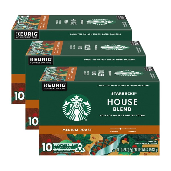 Starbucks Coffee K-Cup Pods, House Blend, Medium Roast Coffee, Notes of Toffee & Dusted Cocoa, Keurig Genuine K-Cup Pods, 10 CT K-Cups/Box (Pack of 3 Boxes)