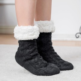 Gealaek Women Slipper Socks Winter Thick Fuzzy Warm Cozy Soft Fleece Lined Socks Non Slip with Grippers (Black)