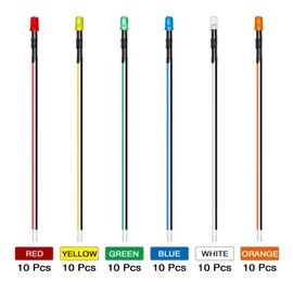 AUKENIEN 60 Pieces 5 mm 12 V Pre-Wired LED Light Emitting Diodes Assortment Kit 12 Volt Round Head Diffuse LED Diodes Light Emitting Diode Set 6 Colours White Red Yellow Green Blue Orange (10 Pieces