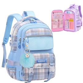 WYCY School Backpacks for Girls Kawaii Backpack Large Capacity Kids School Bag for Girls 6-12 Years Old (plaid blue)
