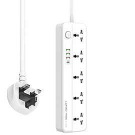 9-in1 Extension Lead 5 Universal AC Socket Power Strip With 4 USB Ports Fast Charge (1PD 20W+1QC3.0+2 Auto-ID) More Power Socket Cord with Switch 2m Extension cord Child Safe Door