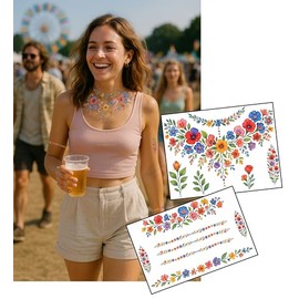 InkLace Temporary Tattoo Set – Colourful Watercolour Flower Necklace & Bracelet Tattoos – A4 Sheet – Wearable Floral Ink for Festivals, Summer & Style
