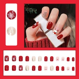 Christmas Press on Nails Short - 24pcs Square Red Glitter French Tip False Nails - Stick on Nails Snowflake Patterns - Cute Fake Nails with Glue - Winter Xmas Theme Design Full Cover Acrylic Nails