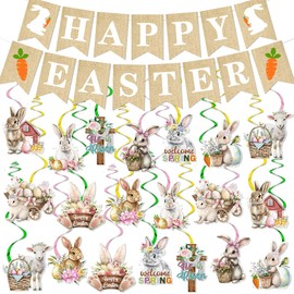 Easter Decorations Happy Easter Garland Banner with Egg Bunny Hanging Swirl Welcome Spring Decorations Banner for Indoor Home Office School Easter Party Supplies
