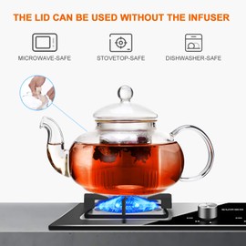CnGlass Glass Tea Kettle Stovetop Safe,Clear Glass Teapot with Removable Infuser 1000ML(33.8 oz)