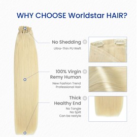 Worldstar Seamless Clip in Hair Extension Blond Invisible Hair Extensions Clip Ins #60 Platinum Blonde PU Weft Clip in Human Hair Extensions Add Volume Natural Ends 16 Inch 6 PCS 110 G (pu#60-16）