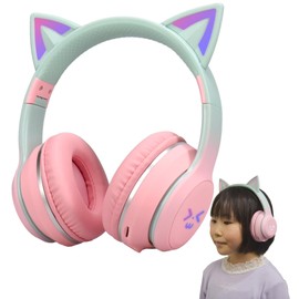 (Horizontal Tona) Wireless Cat Ear Headphones, Pink, Bluetooth 5.1, Wireless, LED Included, Cute, Sparkling, Rainbow Color, Built-in Microphone, Japanese Instruction Manual Included, Foldable, Easy to
