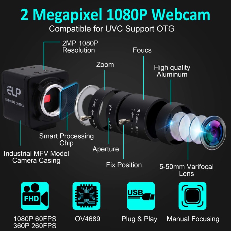ELP USB Camera 1080P High Speed 260fps 5-50mm 10X Optical