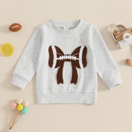 Karuedoo Toddler Baby Girl Football Outfit Football Bow Embroidery Crewneck Pullover Sweatshirt Long Sleeve Shirts Fall Tops (Gray, 3-4 Years)