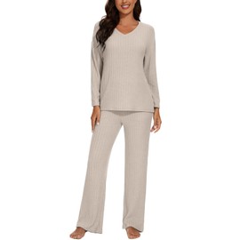 Atxnn Womens Pyjamas Set Ribbed Nightwear Autumn Winter Comfy Pjs V Neck Solid Color Loungewear Two Pieces Long Sleeve Long Pant with Pockets, APRICOT XS