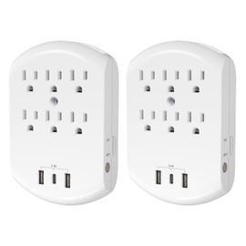 Clear Power 2-Pack USB Wall Charger, 6-Outlet Extender Wall-Tap with 2 USB Charging Ports(1 USB-C) & Nightlight, Multi-Plug Outlets, 3-Prong, White, DC3S-10052P-DC