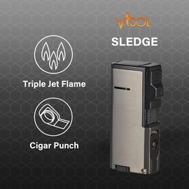 Visol Sledge Butane Torch Lighter Triple Flame Refillable Gas Lighter, Built in Punch, Fuel Window and Windproof Adjustable Flame Lighter (Shipped Without Butane)