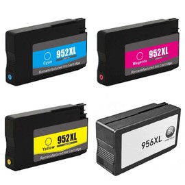 WOC Remanufactured Ink Cartridge Replacement for HP 952 / 952XL / 956XL (Jumbo: 129-200% Higher Yield) (4-Pack: Cyan + Magenta + Yellow + XXL Black)