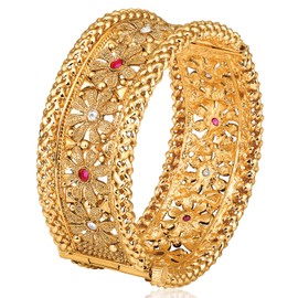 Aheli Gold Plated Thick Single Piece Synthetic Stone Studded Openable Kada Bangle Traditional Jewellery Gift for Women Size 2.6"