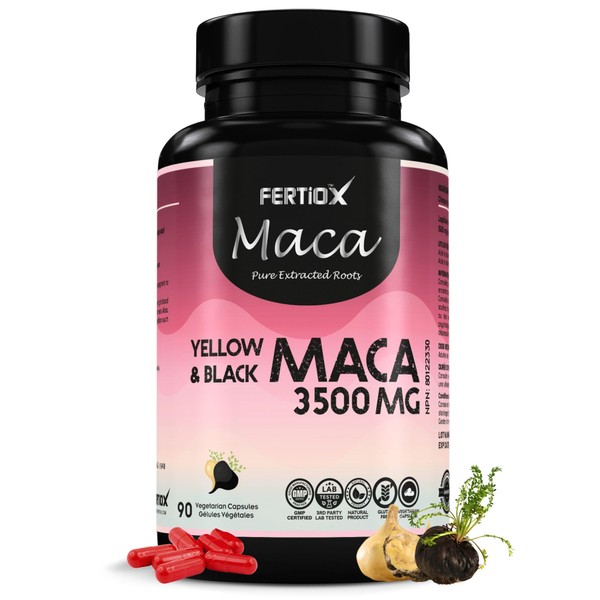 Fertiox Maca Capsules for Men and Women - Maca Root, Pure Extracted Black and Yellow Maca , 90 Veggie Capsules, 3500 mg Per Capsule, 90 Day Supply , Provides Antioxidants and Health Support ,Made In Canada