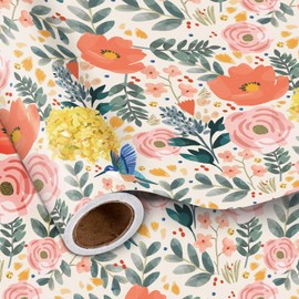 LeZakaa Floral Wrapping Paper Roll for Girl Women, Pink Yellow Flower & Hummingbird Gift Wrap for Spring, Birthday, Wedding, Bridal Shower, Engagement, Anniversary, Mother's Day, 17 inches x 16.4 Feet