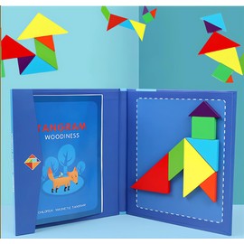 Geometry Games Pattern Blocks, Travel Tangram Puzzle, Tangram Magnetic Puzzle Book 96 Ways to Play Train the Brain, Tangram Wooden Puzzles for Children and Adults (Blue)