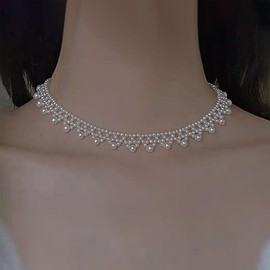 TseenYi Pearl Necklace Choker Necklace Silver Pearl Necklace Small Beads Pearl Necklace Tiny Beads Strand Necklace Layered Vintage Pearl Necklace Pearl Lace Necklace, Zinc, No Gemstone