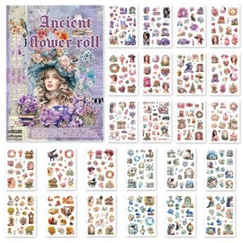 BOMICHI Vintage Aesthetic Washi Stickers Book, 24 Sheets Die-Cut Sticker Book with Ancient Flower Roll Theme for Phone Scrapbook Junk Journal Collage DIY Crafts