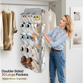 MISSLO 30 Large Pockets Dual Sided Hanging Shoe Organizer for Closet with Rotating Hanger Hanging Shoe Shelves, Grey