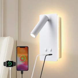 MOLUOLA LED Wall Lamp Wall Mounted Reading Lights, Adjustable Headboard Plug in Wall Sconce with USB C+A Ports, Headboard Bedside Lamp with 9W+3W Night Light 3000K (White)