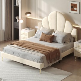 Queen Size Upholstered Bed Frame with Elegant Design, Modern Velvet Platform Bed with Petal Shape Headboard,Beige