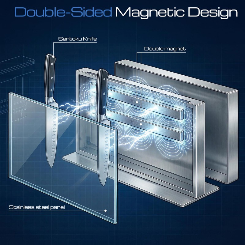 ENOKING Double-Sided Magnetic Knife Block, 12in Silver Stainless Steel Knife