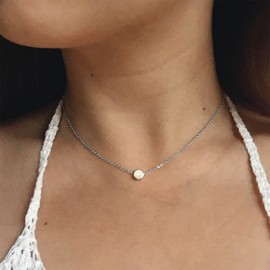 Allereya Vintage Tiny Dot Pendant Necklace Silver Round Dot Circle Choker Necklace Floating Disc Collar Necklace Boho Minimalist Necklace Jewellery for Women and Girls